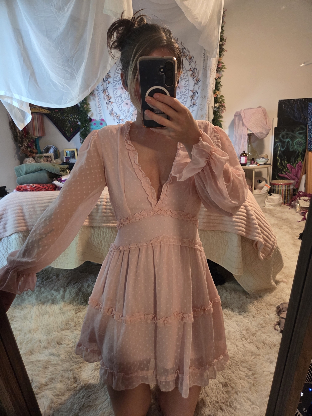 Soft Pink Long-Sleeve Ruffle Tiered Mini Dress